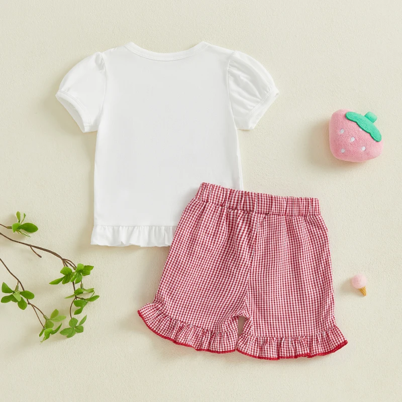 Baby Toddler Girls Summer Clothing Sets Strawberry Fruit Embroidery Short Sleeve Ruffles T-shirts Plaid Shorts Holiday Beachwear