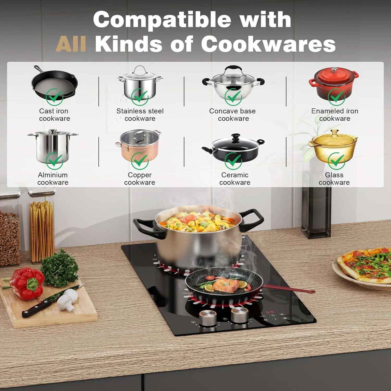 เตาไฟฟ้า Karinear 110V แบบ 2 หัวเตา ขนาด 12 นิ้ว พร้อมปลั๊ก, เตาเซรามิกแบบตั้งโต๊ะและแบบฝัง