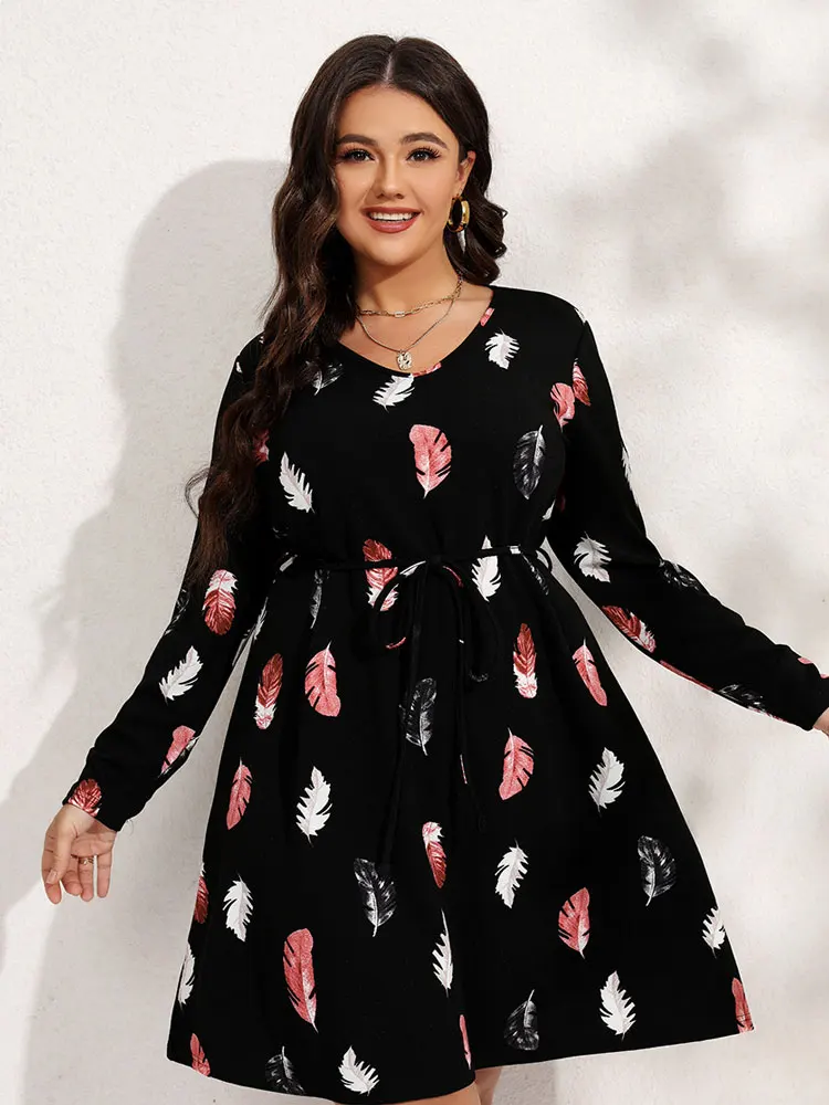 

Women's Long Sleeve Polyester Dress Elegant and Pretty Summer Dresses, Cheap Casual Feather Pattern Black Female Dress Plus Size