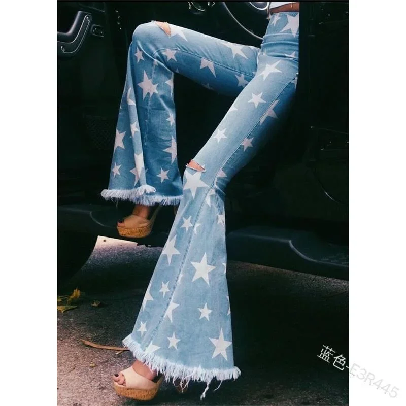 

2024 Summer Plus Size High Waist Slim Elegant Flared Jeans Harajuku Pants Summer Women's Star Print Sexy Ripped Fringed Jeans