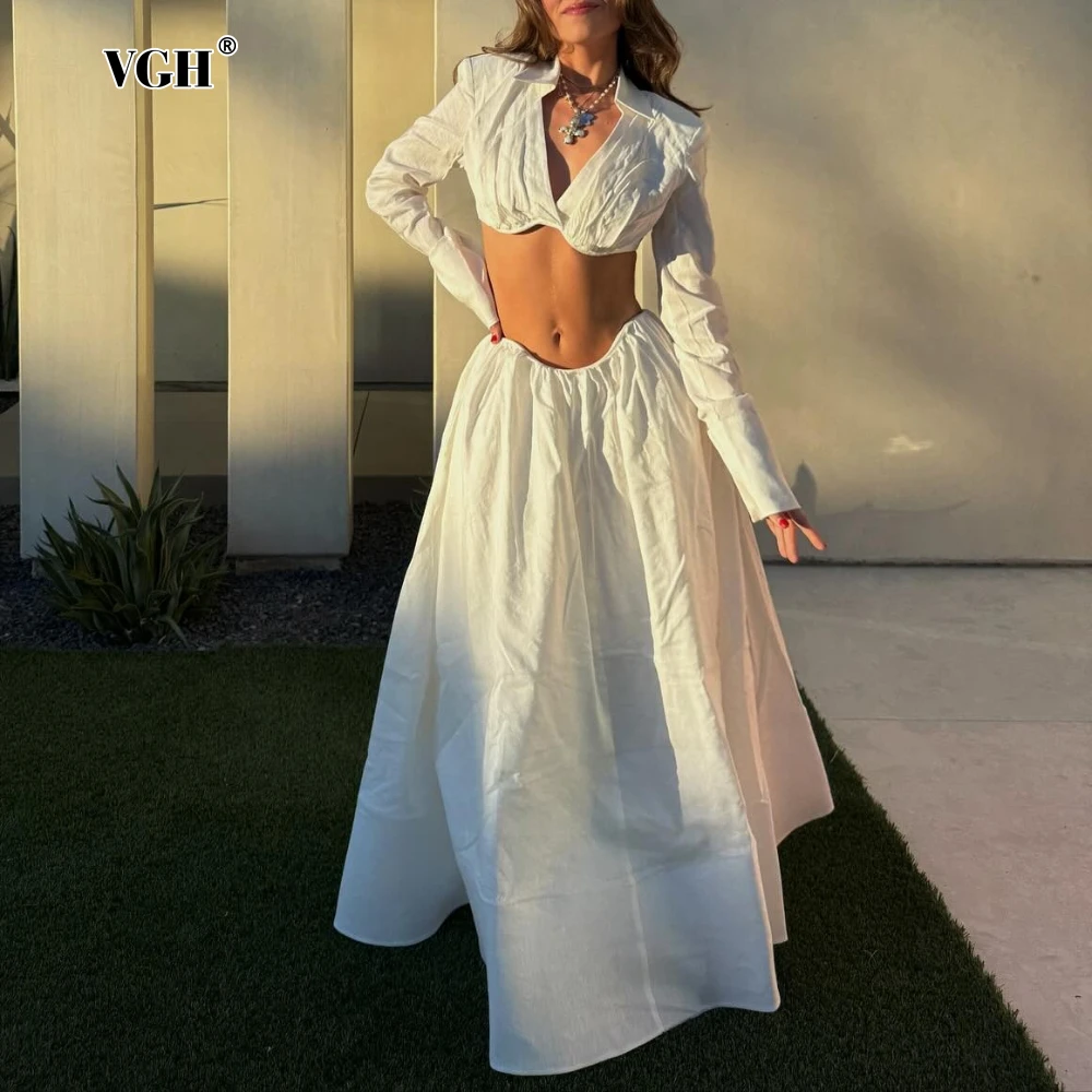 

VGH Горячий комплект из двух предметов для девочек для женщин, укороченный топ с длинными рукавами и лацканами, юбки макси с высокой талией, белая базовая одежда, женский весенний наряд