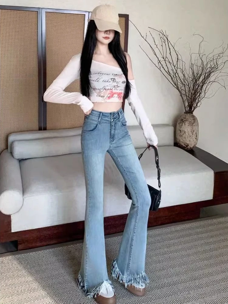 

Women's Light Blue Fringed Hem Flare Jeans High Waist Stretch Denim Pants 2026 Spring Summer Casual Streetwear​