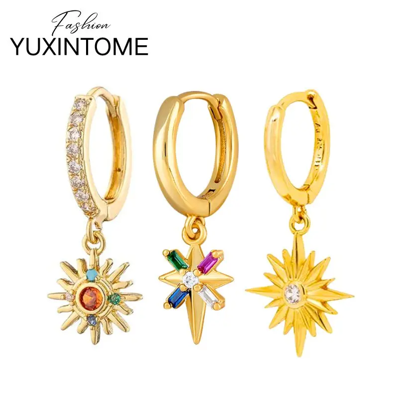 

925 Sterling Silver Needle Colorful Crystal Sun/Star Pendant Earrings Fashion Geometry Hoop Earrings Women's Party Fine Jewelry