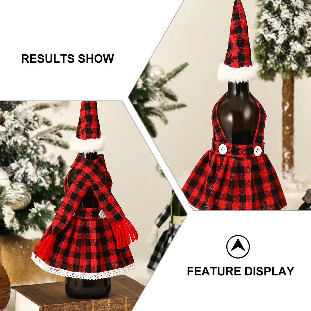 1Set Plaid Christmas Wine Bottle Dress Suit Mini Scarves Hats Creative Warm Decor for Xmas Party Home Gathering