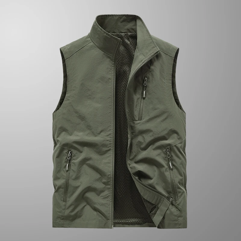 Middle-aged Men\'s Fishing Vest Outdoor Hiking Camping Zipper Pocket Design Waterproof Tooling Coat Men\'s Sleeveless Jacket M-5XL