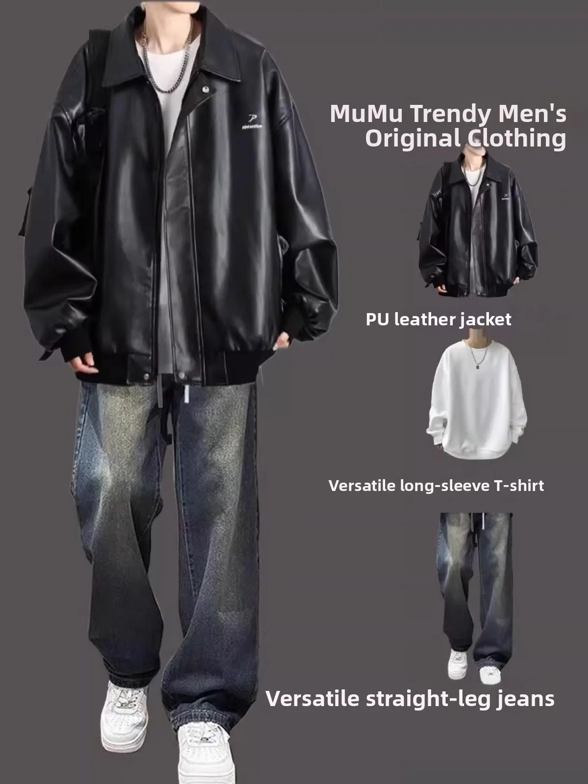 

Premium PU Leather Biker Jaet Set for Men Sli American Sle Autumn Winter Korean Version Outerwear Youth Faion