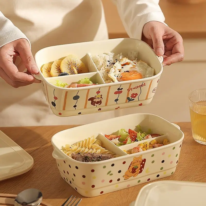Cartoon Ceramic Separated Lunch Box Rectangular Microwave Oven Heating with Lid Independent Partition Anti Odor Tableware
