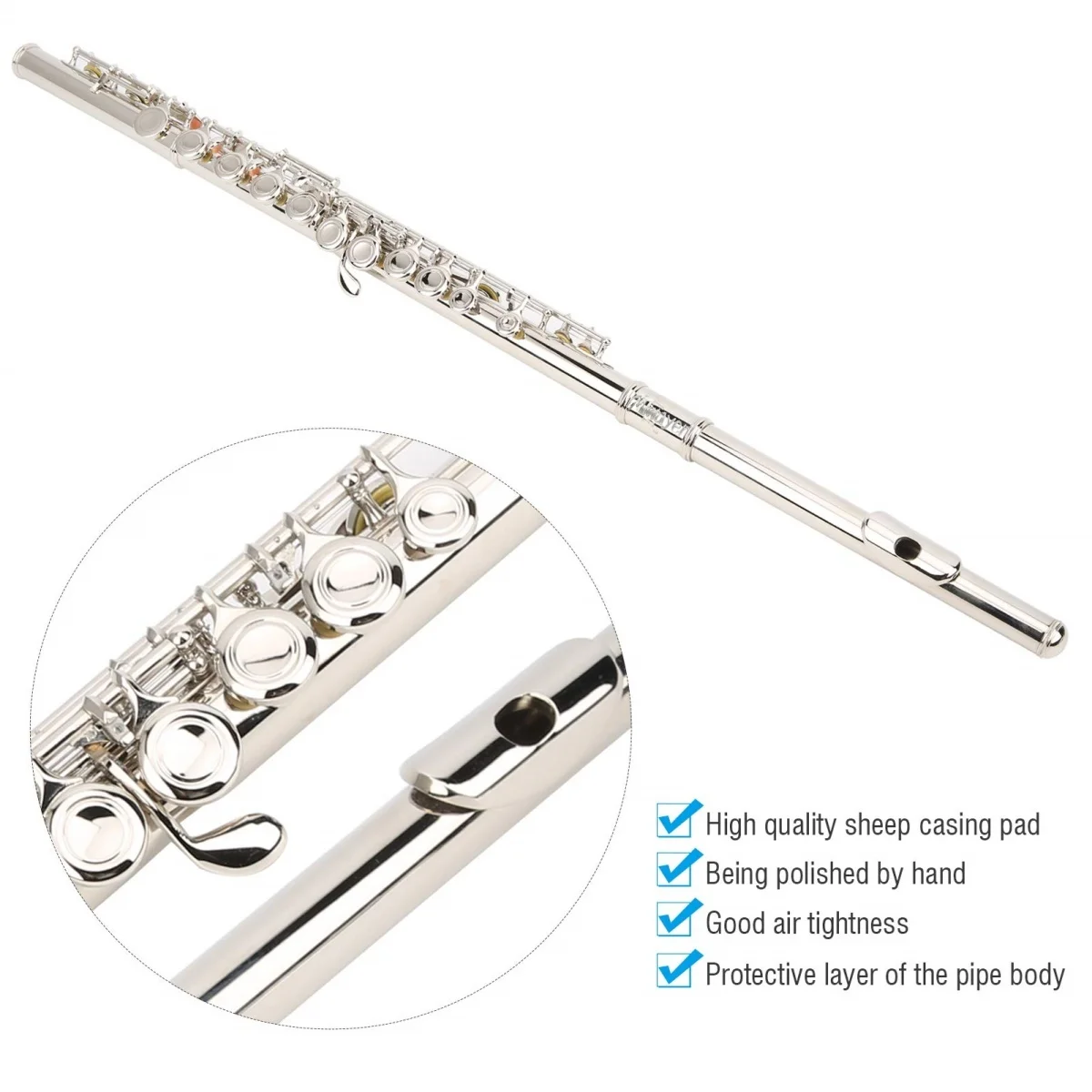 Miwayer 16 Closed Open Holes C Key Professional Transverse Flute Concert Musical Instrument with Box Cleaning Cloth Stick Glove