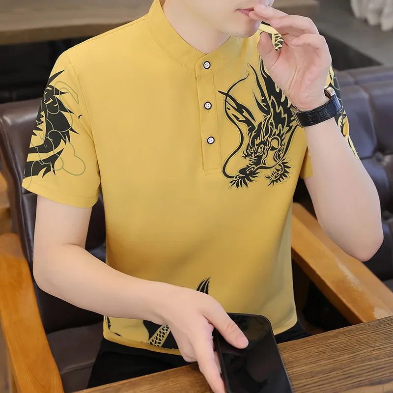 Men's New Summer Short-sleeved POLO Shirt Stand Collar Chinese Dragon Print Ice Silk No Elastic Korean Version Slim-fit T-shirt