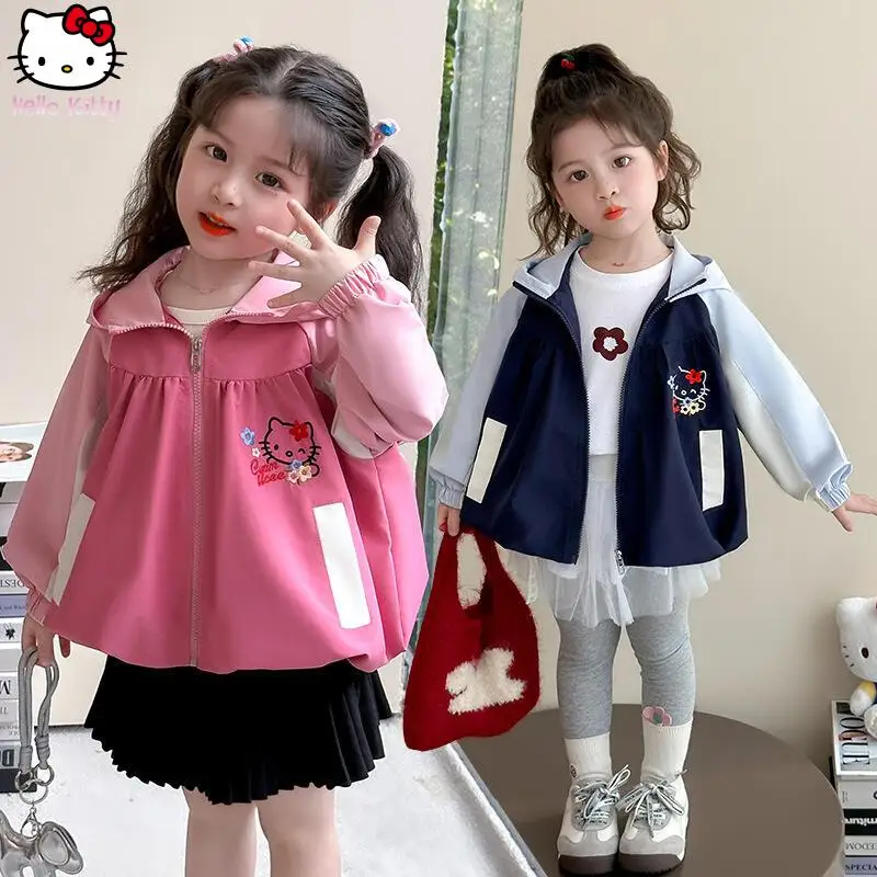 

Kawaii новая куртка Sanrio Hello Kitty для девочек, детские весенне-осенние топы с капюшоном на молнии, модное повседневное пальто с вышивкой в стиле аниме с героями мультфильмов