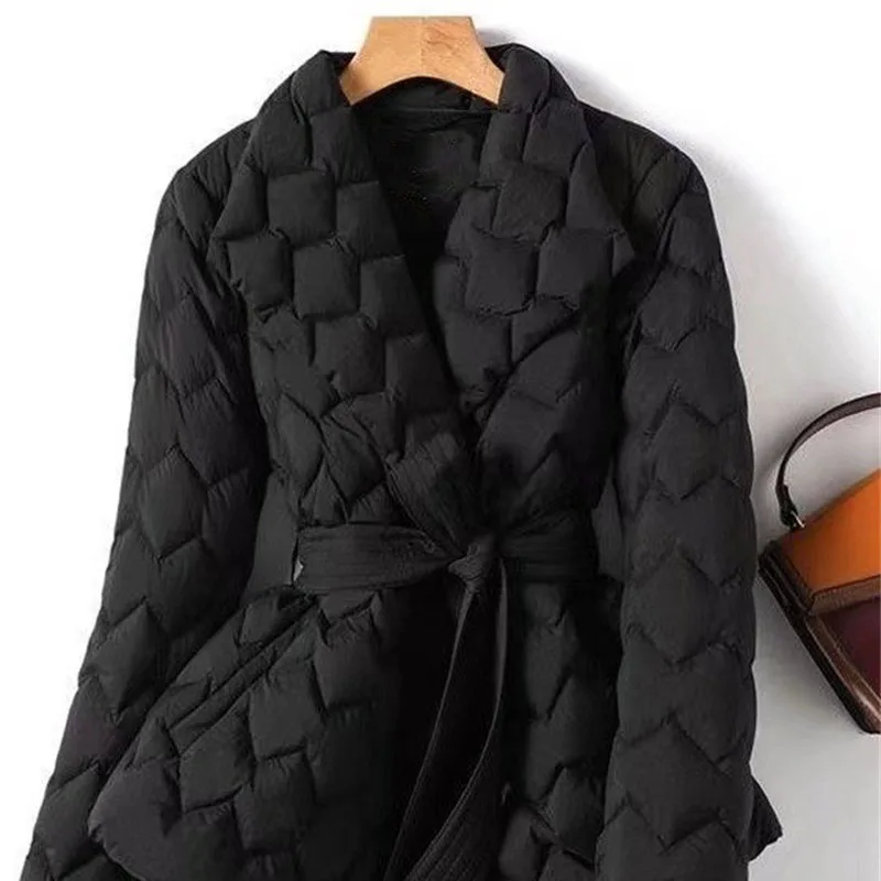 Winter Temperament Water Ripple Quilted Lightweight Down Cotton Jacket Lapel Waist Cinched Mid Length Elegant Cotton Coat