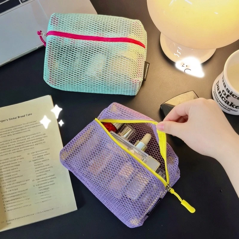Women Dopamine Style Vertical Mesh Makeup Bag Portable Outdoor Large Capacity Travel Sundries Cosmetic Toiletry Organizer Pouch