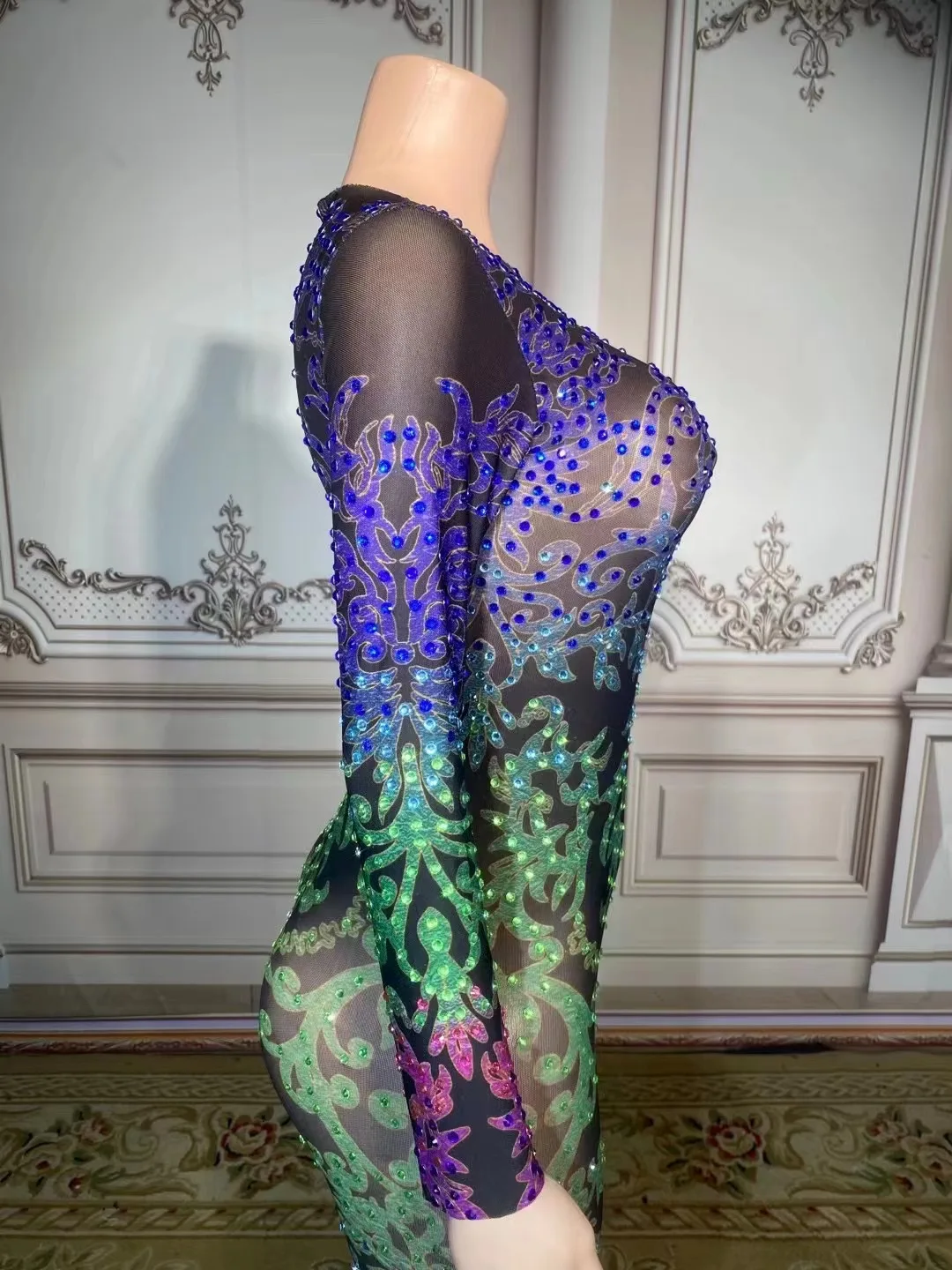 Sparkly Diamond Ladies Gradent Color Floor-Length Dress Sexy See Through Bodycon Evening Party Dress Singer Show Stage Costume