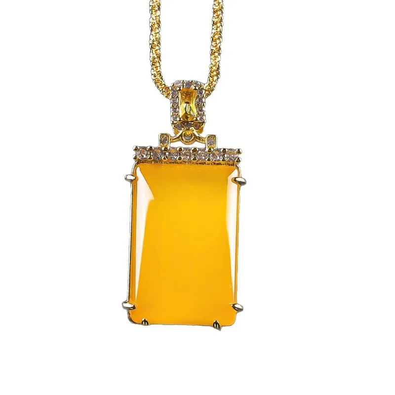 Authentic, fully yellow chalcedony-inlaid pendant with a "peace and safety" charm, designed as a couple's necklace accessory view 5
