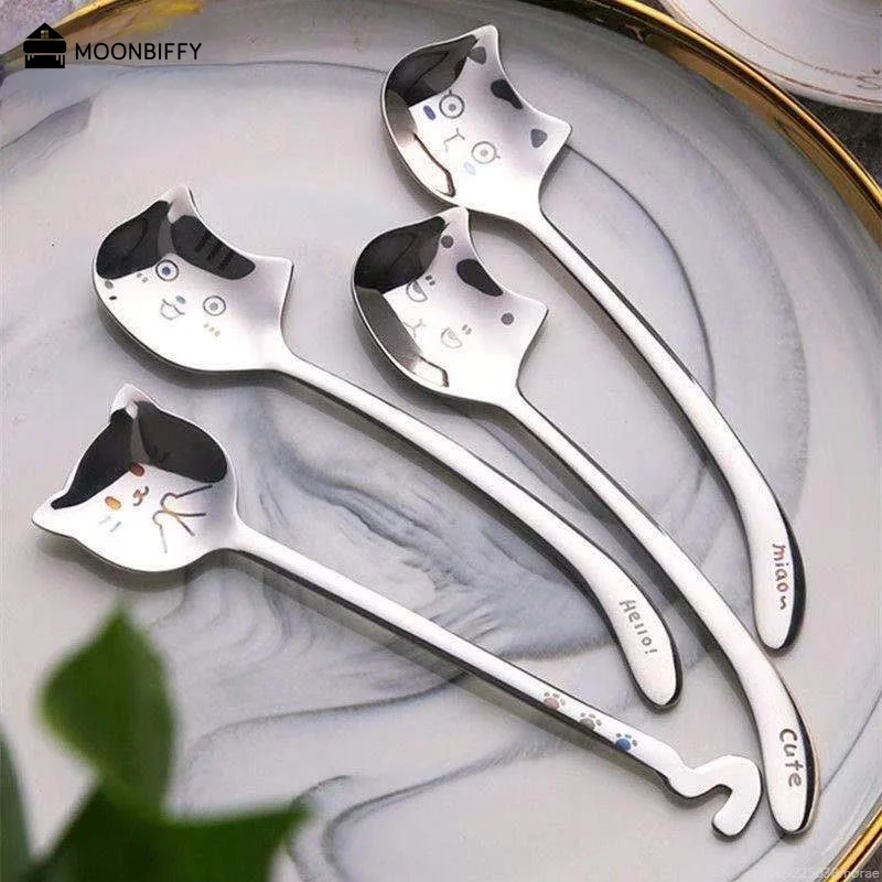 Mini Cuchara de Café con forma de gato, accesorio para revolver postres, 304 inoxidable