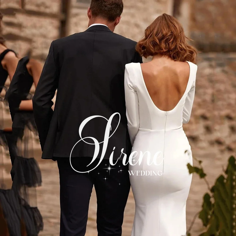 Sirene Elegant White Wedding Dress Mermaid Square Neckline Long Sleeves Backless Satin Bridal Gown Simple 2024 Vestidos De Novia