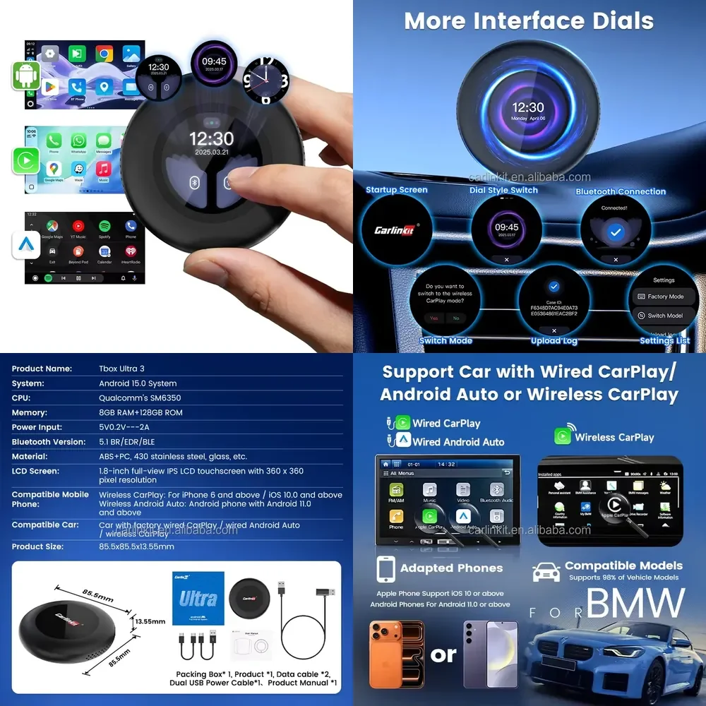 4in1 carlinkit Tbox Ultra 3 5G Ai Box Carplay Android 15 ビデオTV カープレイ 8GB 128GB 512GB ワイヤレスCarPlayアダプター YouTube対応