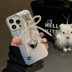 Cute Bow Imitation Pearl Keychains for Iphone Phone Case Women Fashion Heart Bag Pendant Mobile Phone Chain Kpop Jewelry