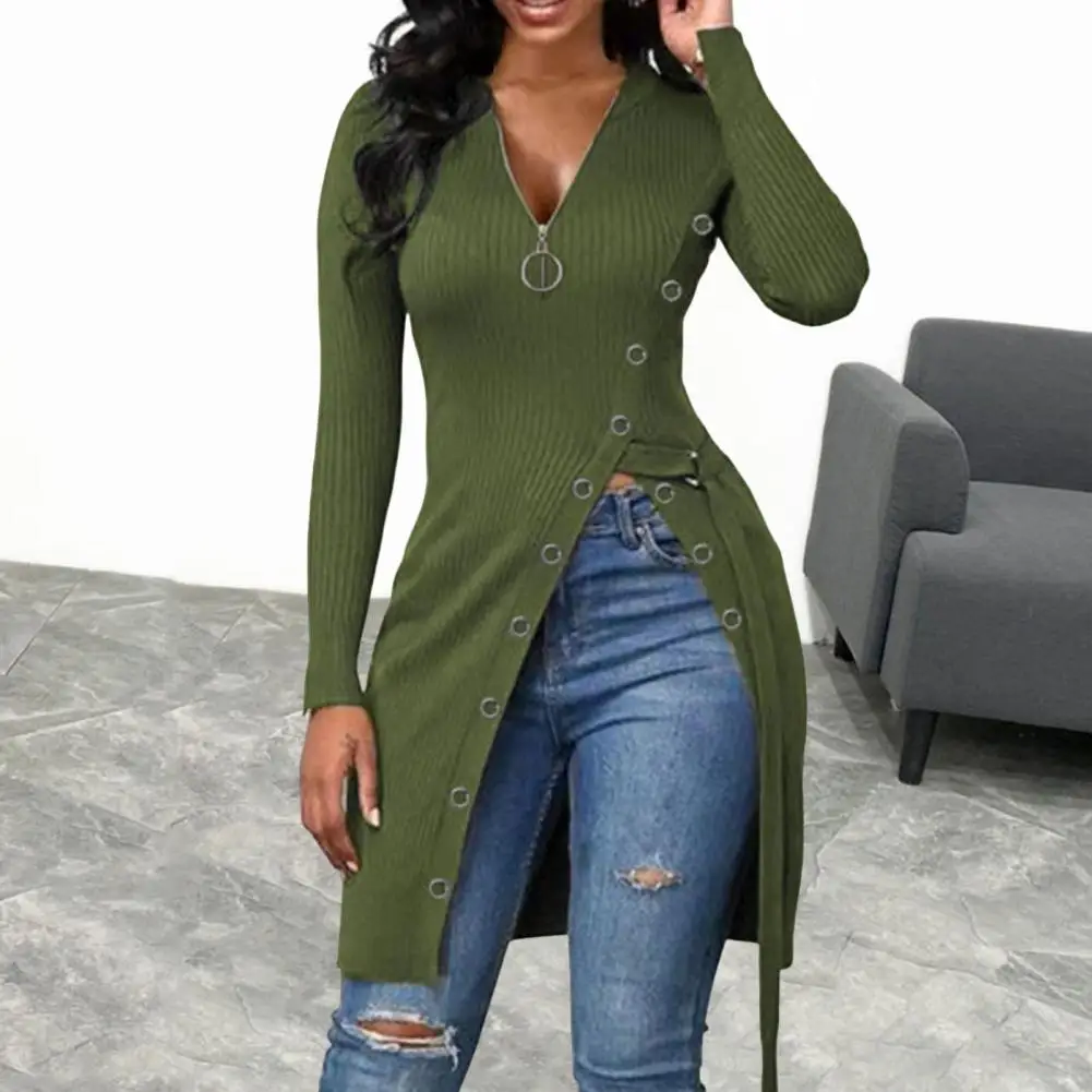 Chic Tunic Blouse Mid-Length Slim Fit Women Blouse Spring Autumn Solid Split Hem Tunic Blouse