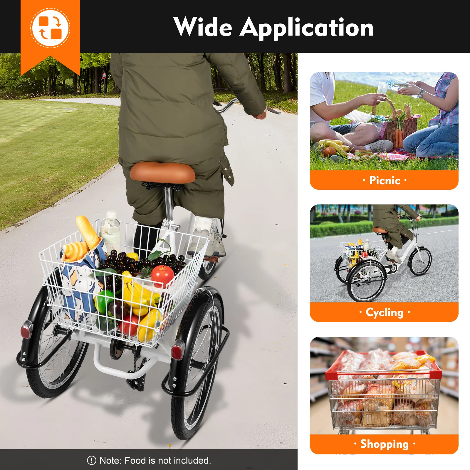 20 Inch Adult Tricycle Single Speed 3-Wheel Trike Bike with Basket Safety Suitable for Elderly Shopping Transport White