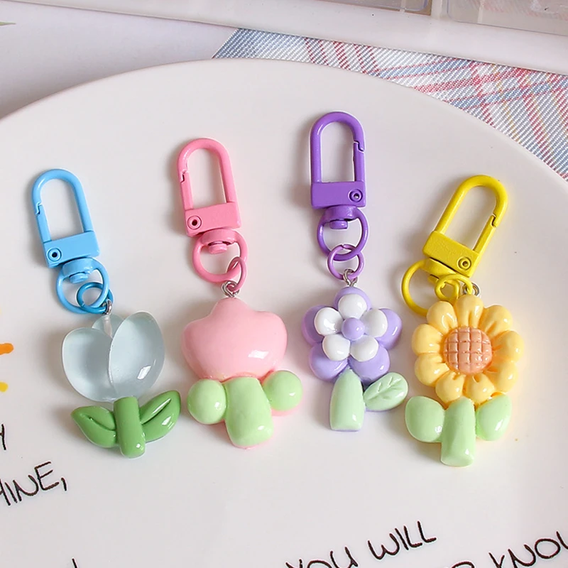 Cute Rabbit Flower Key Chains Kawaii Mini Tulip Flowers Keychain Girls Handbags Decorative Key Rings Pendant Accessories