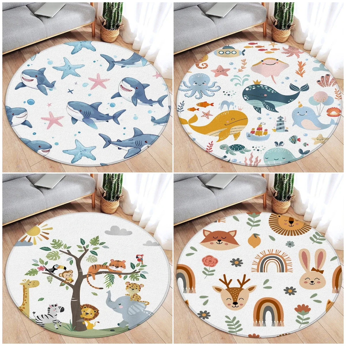 

Cartoon Ocean & Jungle Animal Print Round Rug – Cute Fish, Dolphin, Starfish, Deer, Lion, Elephant, Tiger Kids Floor Mat Decor