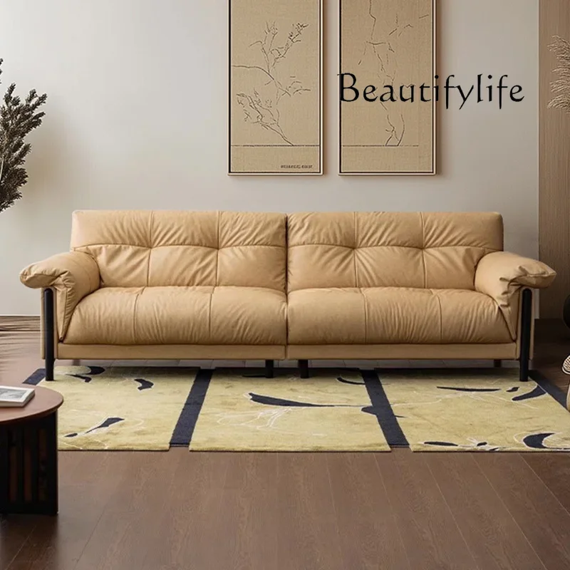 

Medieval leather art sofa living room straight row simple down sofa