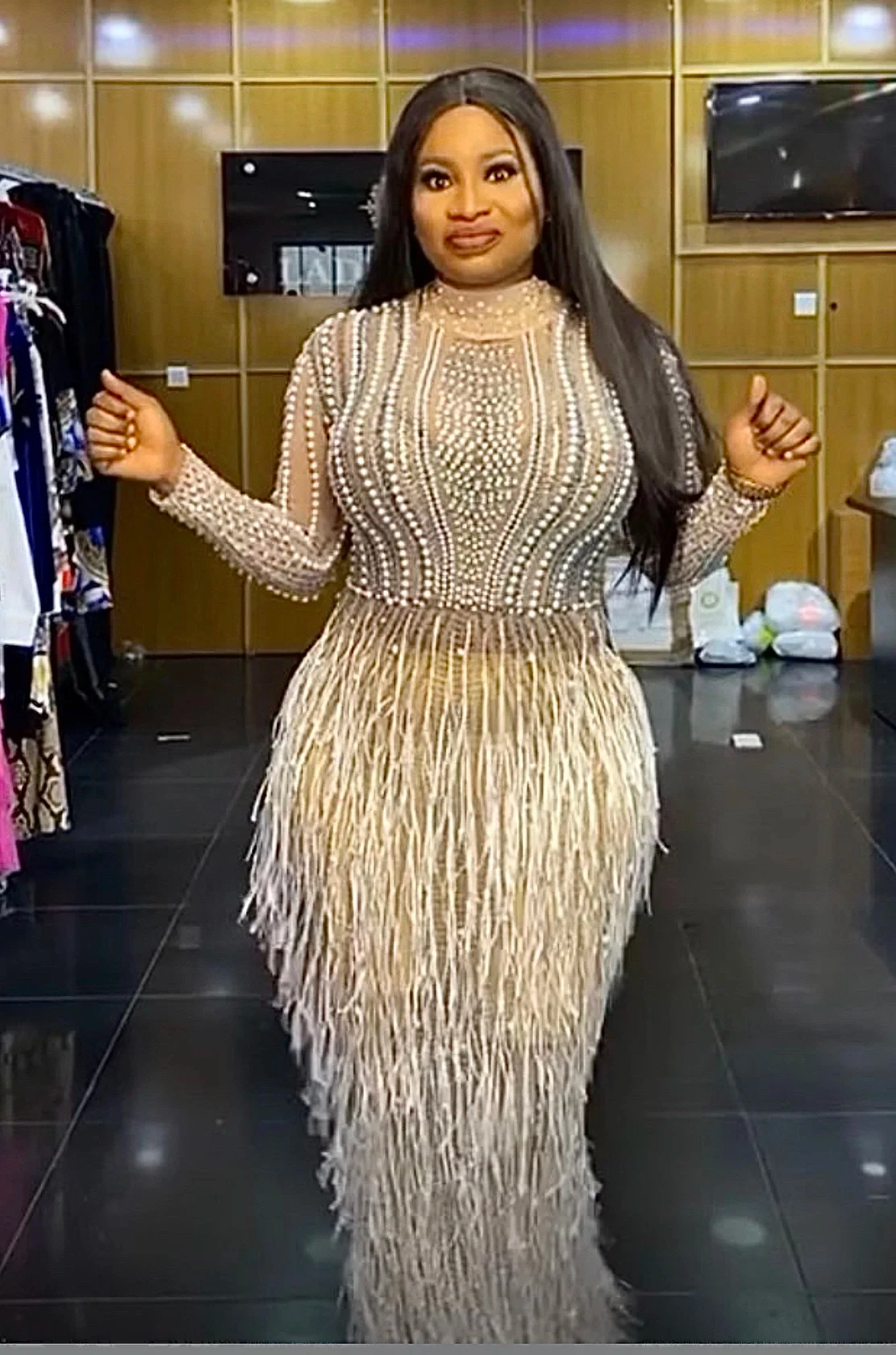 ZD Silver Rhinestone Pearl Fringe Long Dress Birthday Celebrate Transparent Outfit Women Dancer Prom Club Dress