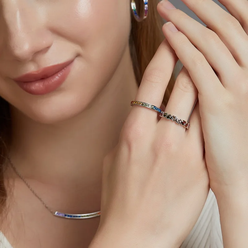 925 Sterling Silver Rainbow Colorful Heart Shaped Zircon Ring for Women Luxury Eternity Band Wedding Party Fine Jewelry Gift