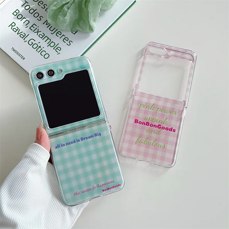 Fresh Pink Green Plaid Phone Case for Samsung Galaxy Z Flip 3 Z Flip 4 Z Flip 5 Hard PC Back Cover for ZFlip5 Case Shell