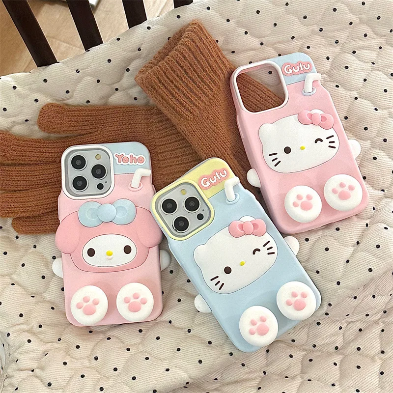 

3D Kawaii Cartoon Sanrios Hellokitty My Melody Stereoscopic Phone Case for IPhone 15 14 13 12 11 Pro Max Silica Gel Back Cove