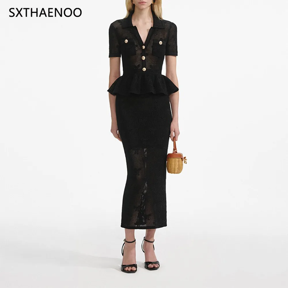 

Sxthaenoo y2k Summer Bow Floral Ruffle High Long Dress Hollow V Neck Knitted Women's dresses 2025 Fashion Hip Party dresses