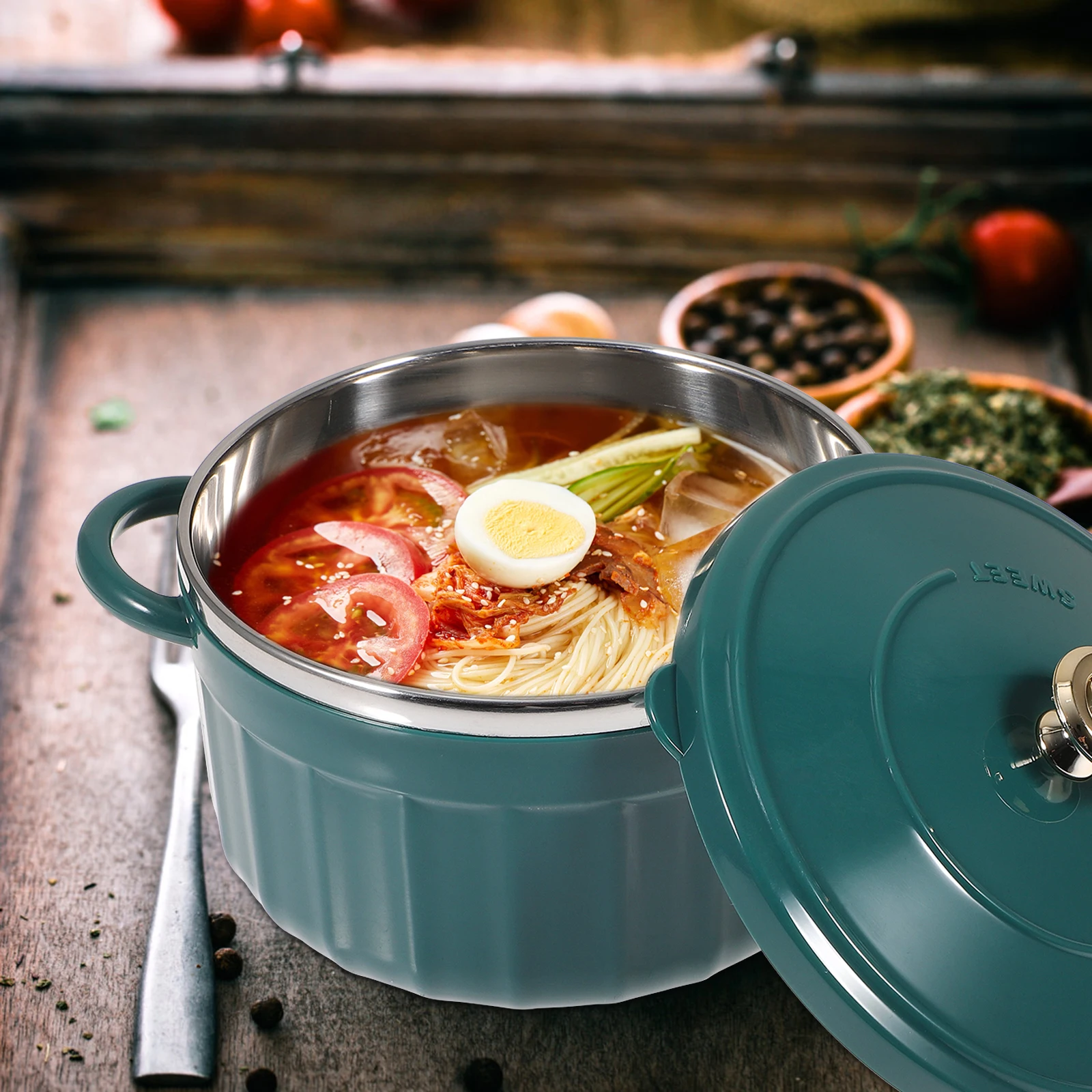 

1pc Stainless Steel Lunch Box Blue Noodle Soup Rice Bowl Kitchen Food Serving Container Home Tableware Set Kitchen Bar