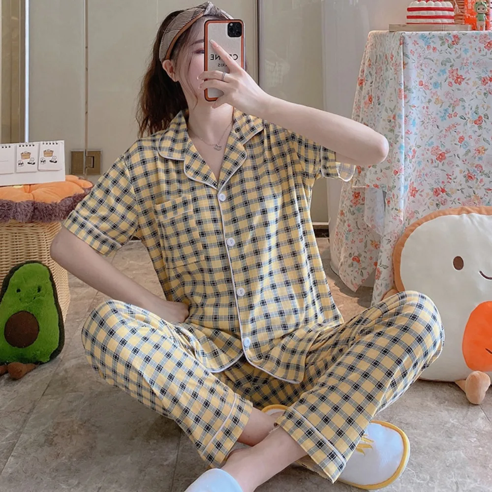 

Women's Pajamas New Ins Simple Plaid Short-sleeved Cardigan Girl Korean Thin Loungewear Two-piece Set Pajamas for Women Spring