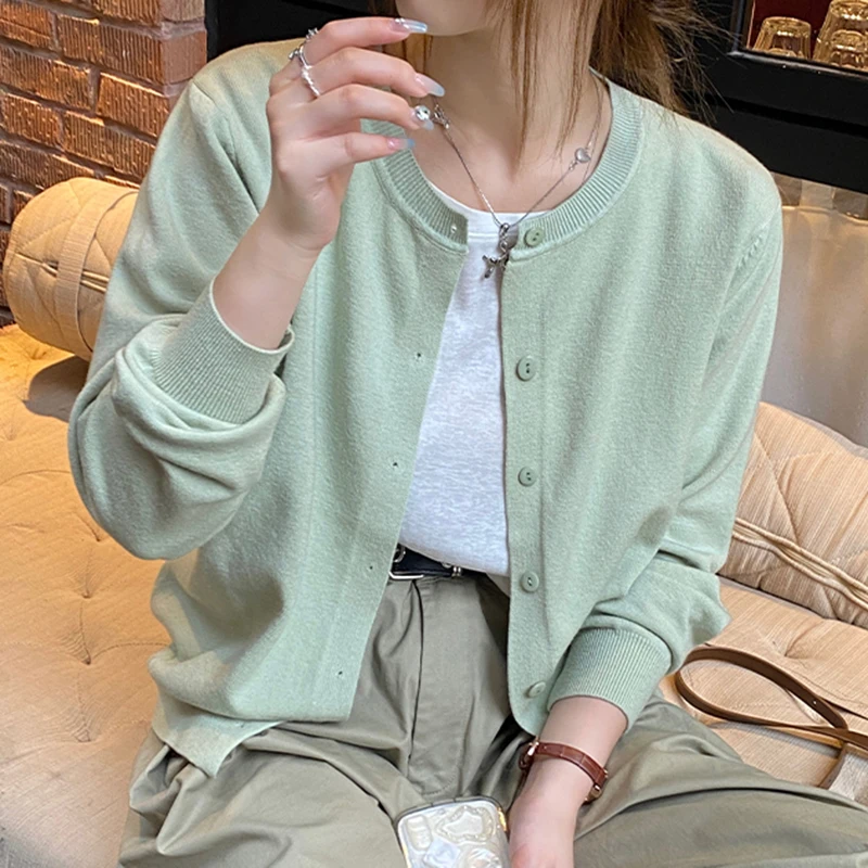 

Korean Style Knitted Tops Basic Cardigans Women 2025 Autumn Winter Long Sleeve O Neck Single Breasted Soft Sweaters Female