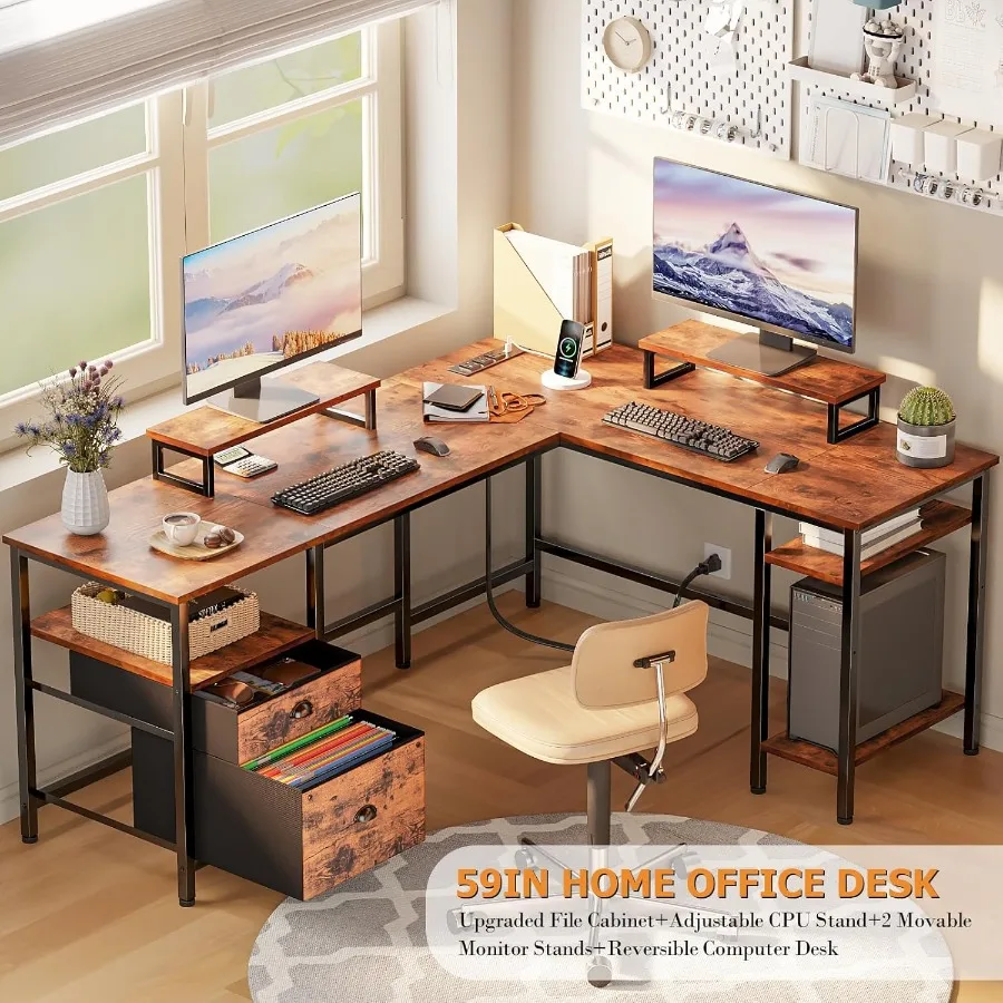مكتب على شكل 59 لتر مع مخرج طاقة مكتب كمبيوتر قابل للعكس مع درج ملف 2 شاشة تقف ركن طاولة مكتب منزلية مع Sto #4