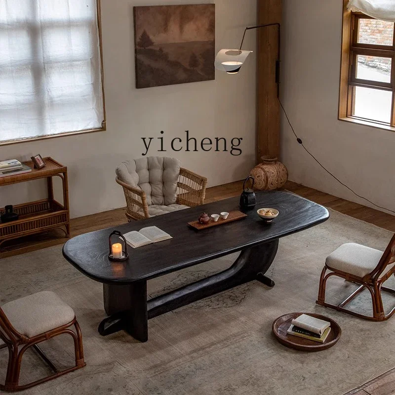 CJ-2 all solid wood homestay creative tea table Japanese-style wabi-sabi tea room rectangular black table