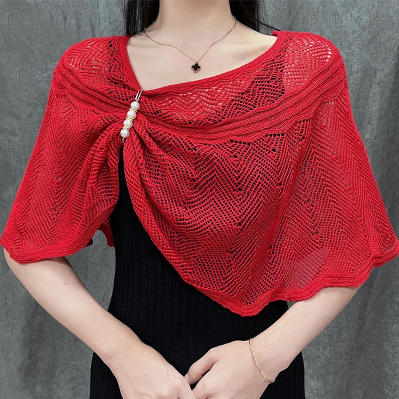 Women Hollow Knit Mesh Sunscreen Shawl Scarf Female Summer Pearl Pin Pullover Blouse Cape Versatile Camisole Clothing R73