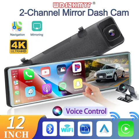 듀얼 렌즈 대시 캠, 무선 카플레이, 안드로이드 자동차 DVR, BT, FM 스트림, 백미러, 비디오 녹음기, 자동차 액세서리, 4K, 12 인치