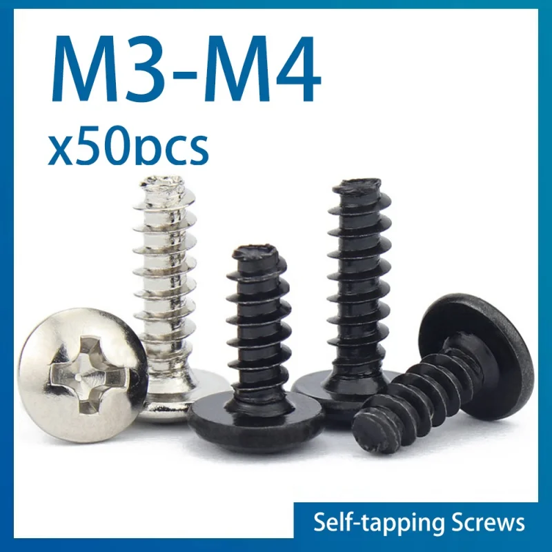 Tornillos autorroscantes de cabeza de hongo empotrada, 50 piezas, M3, M3.5, M4, negro, Zinc/niquelado/acero inoxidable 304, Phillips