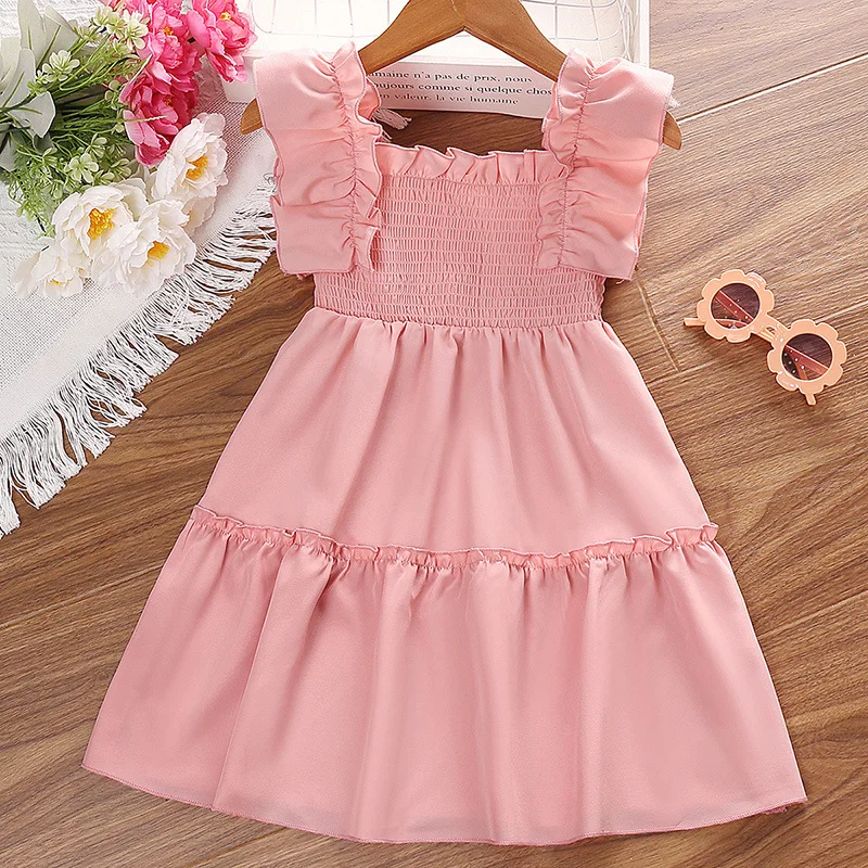 Summer Kids Girls 4-7 Years Clothes Beach Dress Cute Lace Cuffs Square Collar Play Wrap Princess Pink Skirt