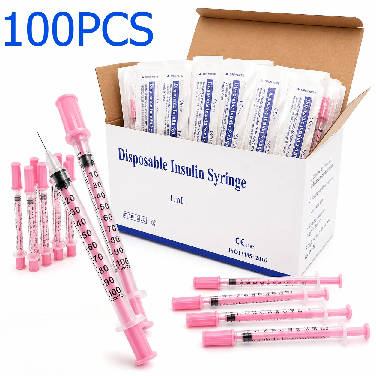 100Pcs/Box 1ml Pink Insulin Syringes 30G/31G 8mm Disposable Syringe EO Gas Sterilized Individually Blister Packed
