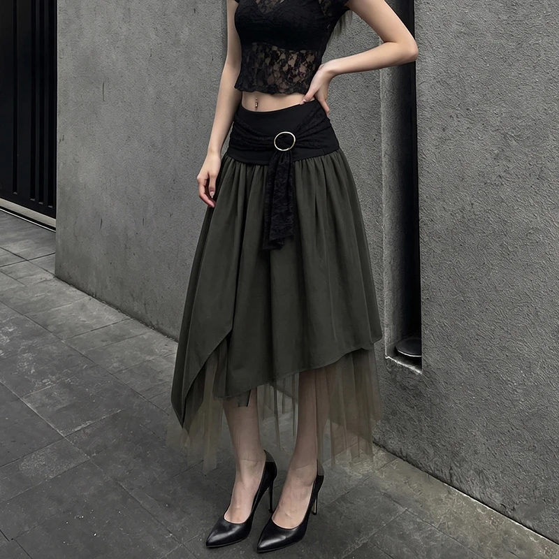TARUXY Spring Summer Elegance Street Low Rise A Line Irregular Midi Skirt Women Lace Satin Paneling Pleated Ruffle Layered Skirt