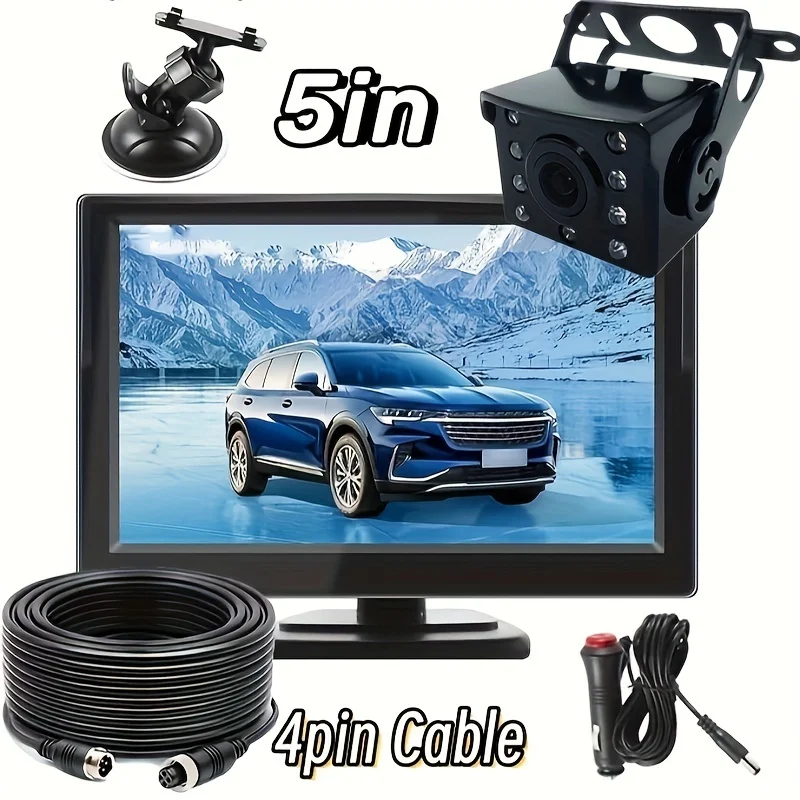 New 5 Inch LCD Screen Monitor with Charger Plug and Play + 4PIN Rear View Reversing Camera 12-24v Caravan Rv Van