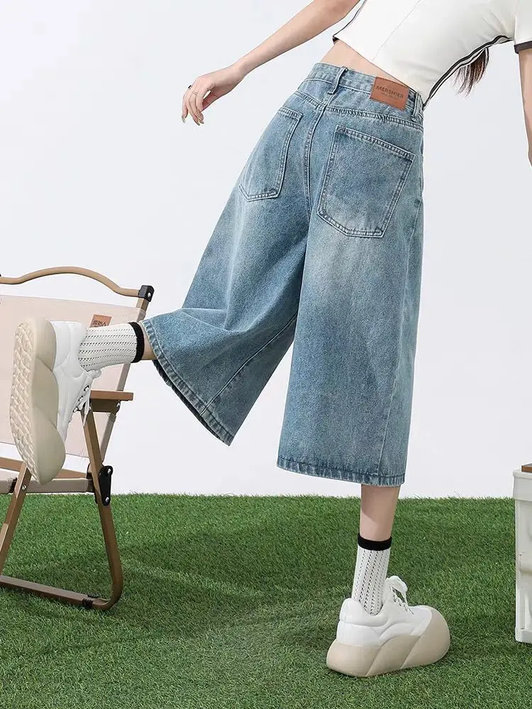 

Y2k Retro Denim Shorts Women Summer Low Waisted Blue Black Wash Cropped Baggy Jeans Wide Leg Frayed Pants