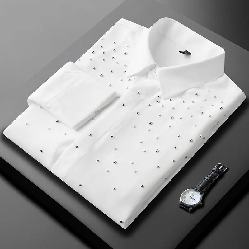 

Rhinestone Decorated Long Sleeved Shirt for Men Rivet Social Banquet Party Dress Shirts Casual Business Shirts Camisa Masculina
