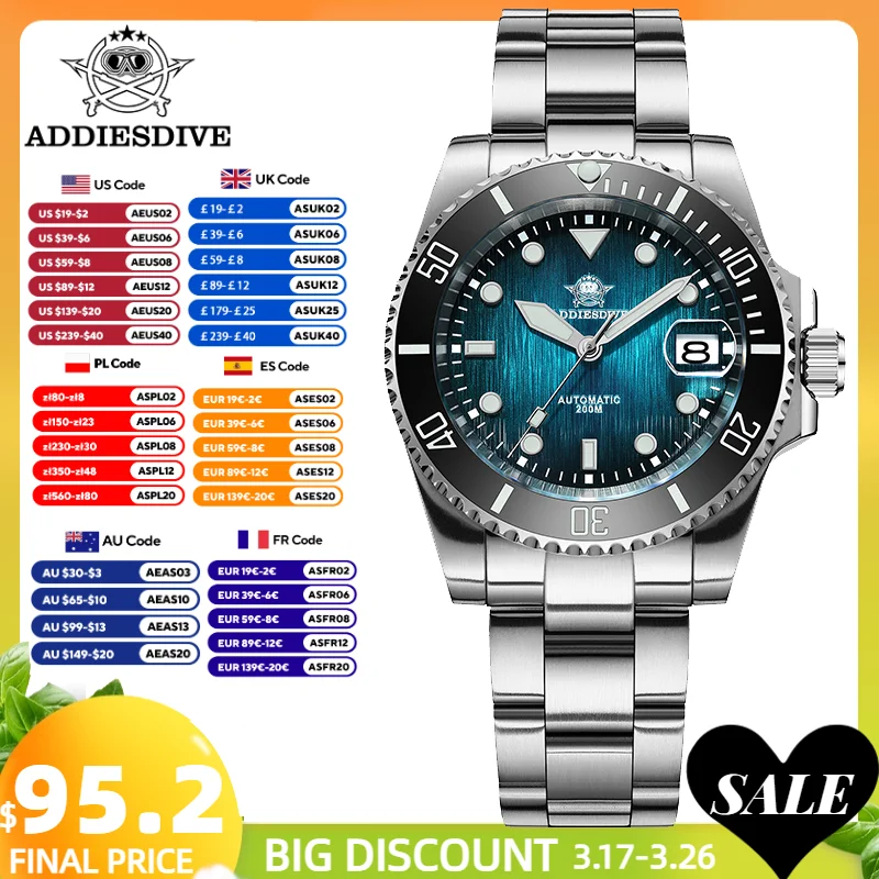 

ADDIESDIVE 41mm Diver's Watch New NH35 Automatic Watches Sapphire Glass AR Coating 200m Waterproof Luminous Wristwatch AD2078