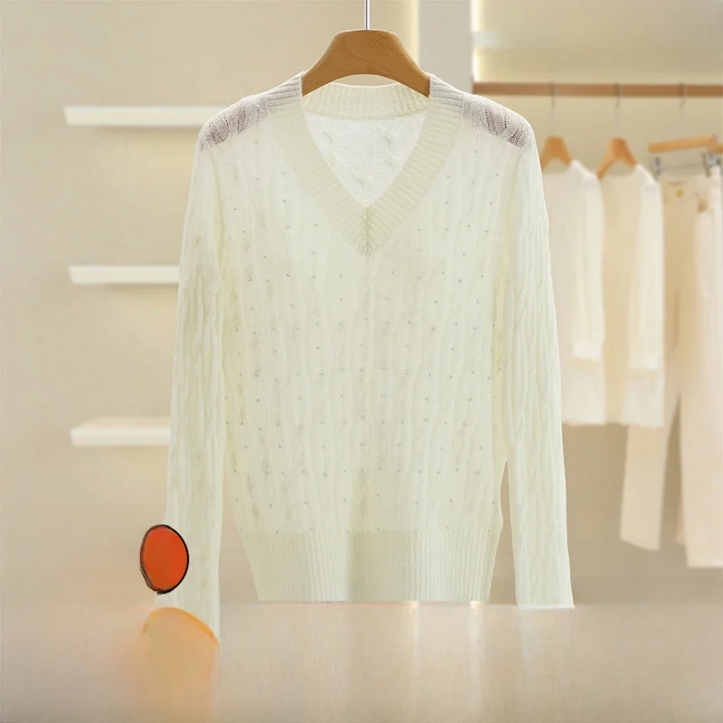 

Casual Versatile Color Bead Decoration V-Ne Loose Knitted Sweater Women's Faion Autumn 2025 Long Sve Crew Ne