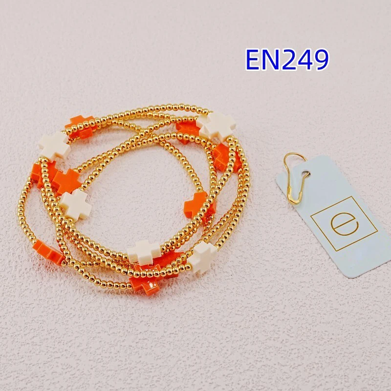 YEEVAA 5Pcs Gold Ball Chain Cross Charm Stretch Bracelet Set, Orange & White Cross Stackable Bracelets for Women
