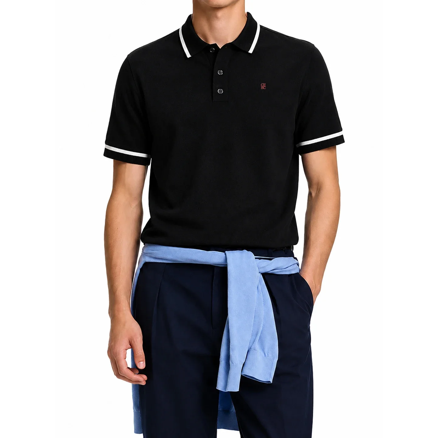 CH Herren-Polo mit Rippenbündchen, gestreiftem Kragen und Ärmelbündchen, kleiner Kontrastbuchstaben-Stickerei auf der Brust, aus Mesh-Strick, Kurzarm, für Büro und Alltag, elegantes Oberteil – Detail 5